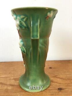 Vintage 1940s Roseville Art Deco Pottery USA V-6 Green Snowberry Handled Vase 6
