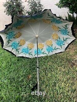 Vintage 1950 Umbrella Parasol With Embossed Silver Handle And Small Stone