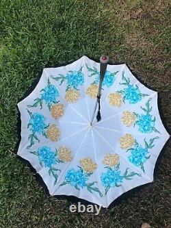 Vintage 1950 Umbrella Parasol With Embossed Silver Handle And Small Stone