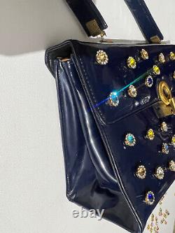 Vintage 1950's Blue Patent Top Handle Purse Pre-Owned Art Deco Gogo Hand Bag