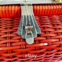 Vintage 1970s Wicker Woven Basket Purse Dr Bag with Silver Handle and Latch