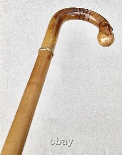 Vintage Antique American Art Deco Carved Wood Crook Handle Walking Stick Cane