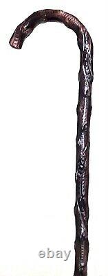 Vintage Antique Art Deco Carved Wood Crook Handle Walking Stick Cane Old