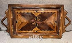 Vintage Art Deco Inlaid Wood Under Glass Wood Handled Serving Tray Velvet Back