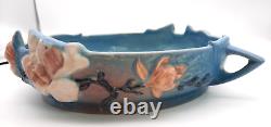Vintage Art Deco Roseville Blue Magnolia Console Centerpiece Bowl Handles 450-10