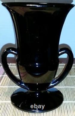 Vintage Art Deco Steuben Mirror Black Glass Double Handle Trophy Urn Vase Signed