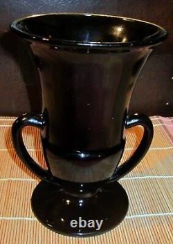 Vintage Art Deco Steuben Mirror Black Glass Double Handle Trophy Urn Vase Signed