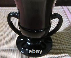 Vintage Art Deco Steuben Mirror Black Glass Double Handle Trophy Urn Vase Signed