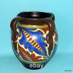 Vintage Art-crafts Gouda Dutch Folk Art Deco Rare Shaped 4 Handled Vase