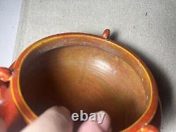 Vintage Awaji Art Deco Pottery Handled Bowl Chrystaline Chrome Red 8