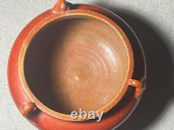 Vintage Awaji Art Deco Pottery Handled Bowl Chrystaline Chrome Red 8