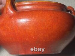 Vintage Awaji Art Deco Pottery Handled Bowl Chrystaline Chrome Red 8