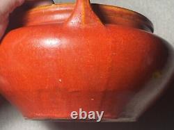 Vintage Awaji Art Deco Pottery Handled Bowl Chrystaline Chrome Red 8