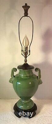 Vintage Ceramic Art Deco Lamp Ram's Head Handles & Vintage Silk Shade 32 H