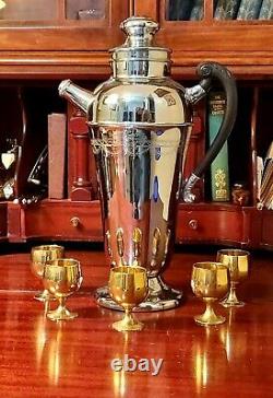 Vintage Cocktail Shaker Lehman Brothers Chromium Plated + Five Shot Glasses