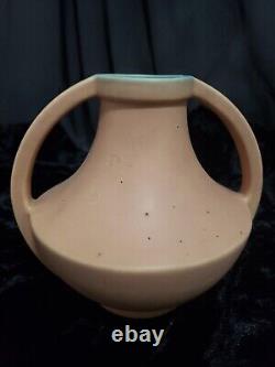 Vintage Coors Pottery Art Deco Handled Vase 1930s Matte Golden Color Green Inner