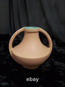 Vintage Coors Pottery Art Deco Handled Vase 1930s Matte Golden Color Green Inner