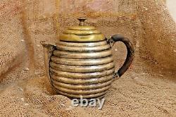 Vintage Copper Teapot, Silver Plated, Wooden Handle, Handmade, yellow and silver