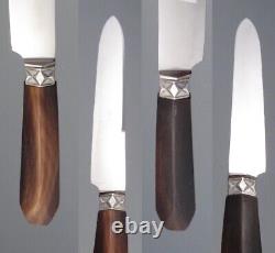 Vintage French Art Deco Dinner Knives Horn Handles, Silver Collars Diamond Shape