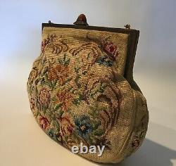 Vintage Handbag clutch handle purse frame AGATE floral Art Deco era embroidered