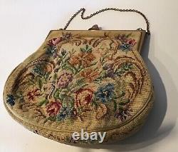 Vintage Handbag clutch handle purse frame AGATE floral Art Deco era embroidered