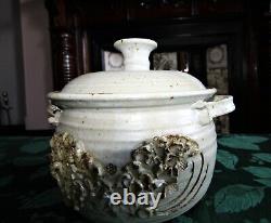 Vintage Handmade Large Carved Handled Stoneware Pottery Pot with Lid