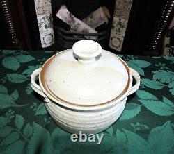 Vintage Handmade Large Carved Handled Stoneware Pottery Pot with Lid