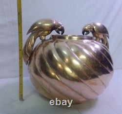 Vintage Heavy Brass Parrot Handle Art Deco Centerpiece Bowl Vase Ribbed Swirl 9
