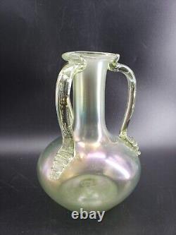 Vintage Iridescent Hand-Blown Soft Green Stretch Glass Vase 3 handles 7in