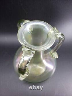 Vintage Iridescent Hand-Blown Soft Green Stretch Glass Vase 3 handles 7in