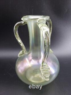 Vintage Iridescent Hand-Blown Soft Green Stretch Glass Vase 3 handles 7in