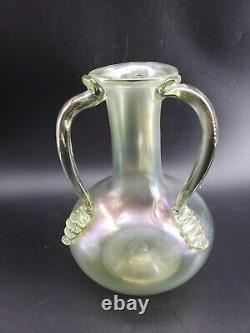 Vintage Iridescent Hand-Blown Soft Green Stretch Glass Vase 3 handles 7in