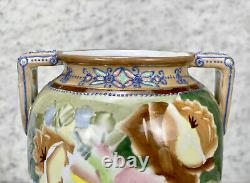 Vintage Japanese Porcelain Art Deco Floral Motif Moriage Handle Urn Vase