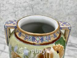 Vintage Japanese Porcelain Art Deco Floral Motif Moriage Handle Urn Vase