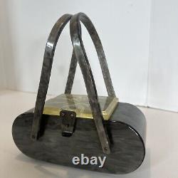 Vintage Lucite Purse Grey Marbleized 2 Handle w Clear Etched Flower Lid 1950s