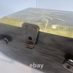 Vintage Lucite Purse Grey Marbleized 2 Handle w Clear Etched Flower Lid 1950s