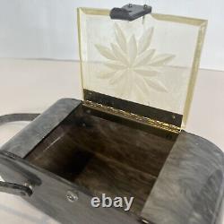 Vintage Lucite Purse Grey Marbleized 2 Handle w Clear Etched Flower Lid 1950s