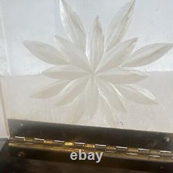 Vintage Lucite Purse Grey Marbleized 2 Handle w Clear Etched Flower Lid 1950s