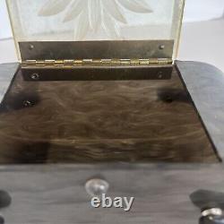 Vintage Lucite Purse Grey Marbleized 2 Handle w Clear Etched Flower Lid 1950s