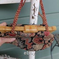 Vintage Marble Bakelite Deco Tapestry Purse Leather Handles Built In Coin Purse