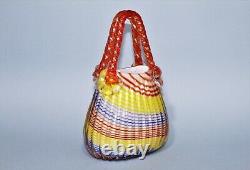 Vintage Murano Hand Blown Striped Art Glass Purse Handle Basket Vase