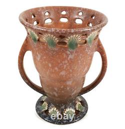 Vintage Roseville Art Deco Ohio Pottery Brown Ferella Vase With Handles 502-6