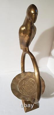 Vintage Solid Brass French ART DECO Parrot Handled Basket on Stand 18 Tall