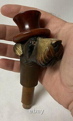 Vtg Art Deco Carved Wood Scottie Dog Cane Parasol Handle Bakelite Hat Glass Eyes