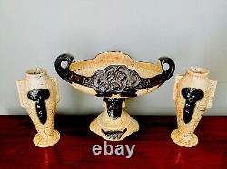 Vtg. Art Deco Ditmar Urbach Czech Alien Ware Pottery Footed Compote & 2 Vase Set