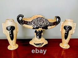Vtg. Art Deco Ditmar Urbach Czech Alien Ware Pottery Footed Compote & 2 Vase Set