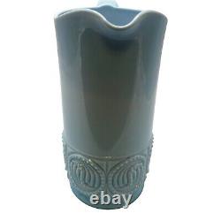 Vtg MCM Art Deco Opaline Blue Milk Glass Pitcher Applied Handle Carved Bottom