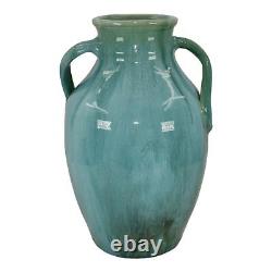 Weller Nile 1930s Vintage Art Deco Pottery Blue Drip Twist Handled Ceramic Vase