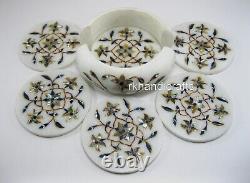 White Marble Coffee Coaster Set Floral Design Inlaid Table Master Piece 4.5 Inch