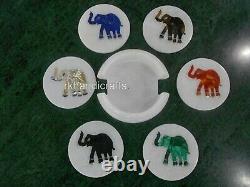 White Marble Table Master Piece Elephant Design Tea Coaster for Home 4.5 Inches